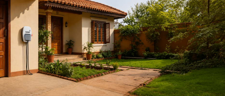 Kazam EV charger installed at an Indian apartment parking spot