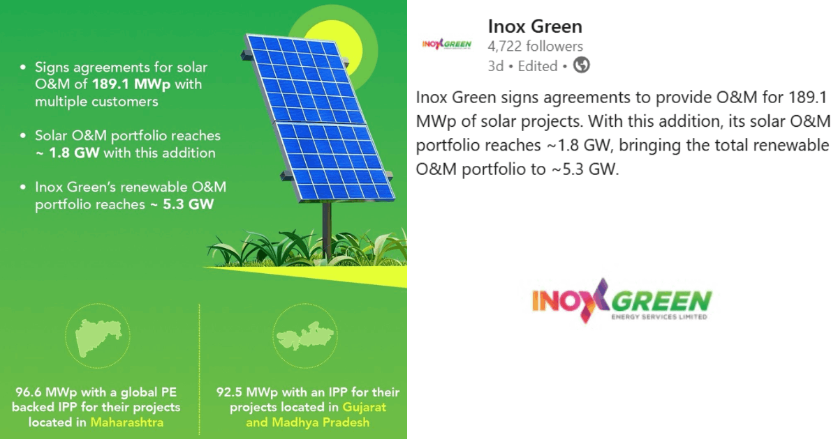 Linkedin post of Inox Green