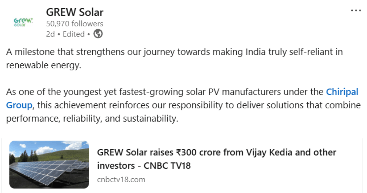 Grew Solar's Linkedin post